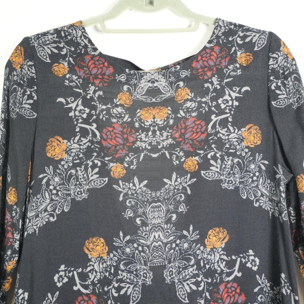 Free People Mini Dress Womens Small Black Floral Damask V-Back Ruffle Boho Tunic - Picture 6 of 10